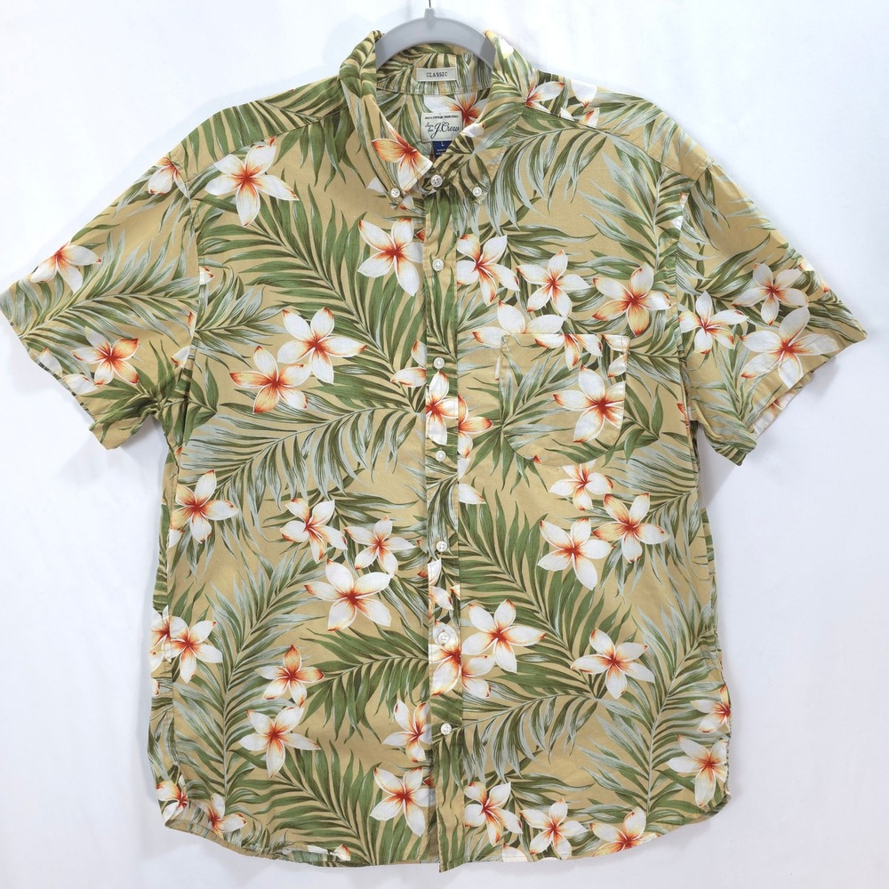J.Crew Button Down Shirt Classic Fit Cotton Men L Tropical Floral Tan Green
